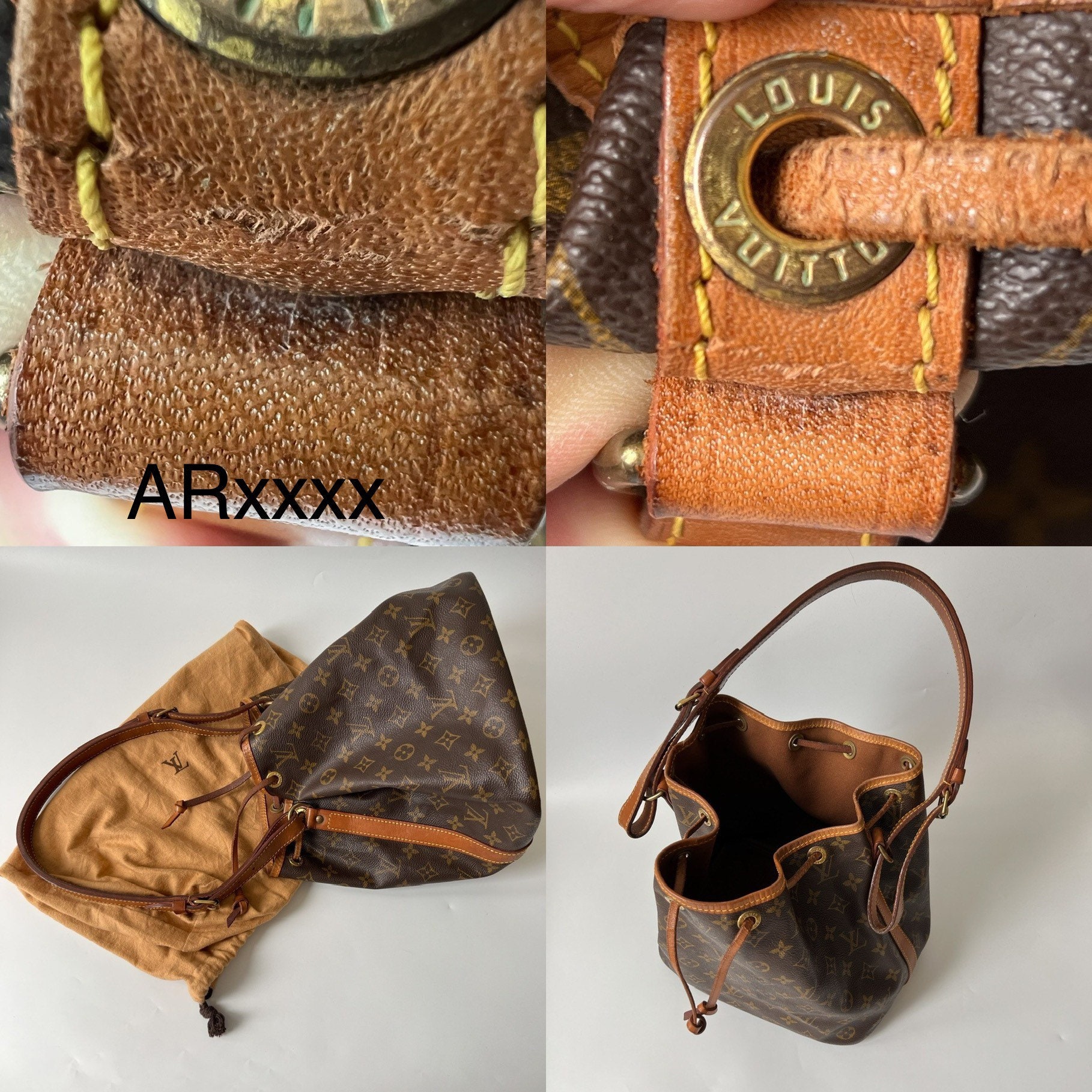 LOUIS VUITTON VINTAGE NOE MONOGRAM BUCKET BAG, leather trims and adjustable  shoulder strap, cord closure, brown fabric lining and brass tone hardware,  26cm x 34cm H x 18cm.