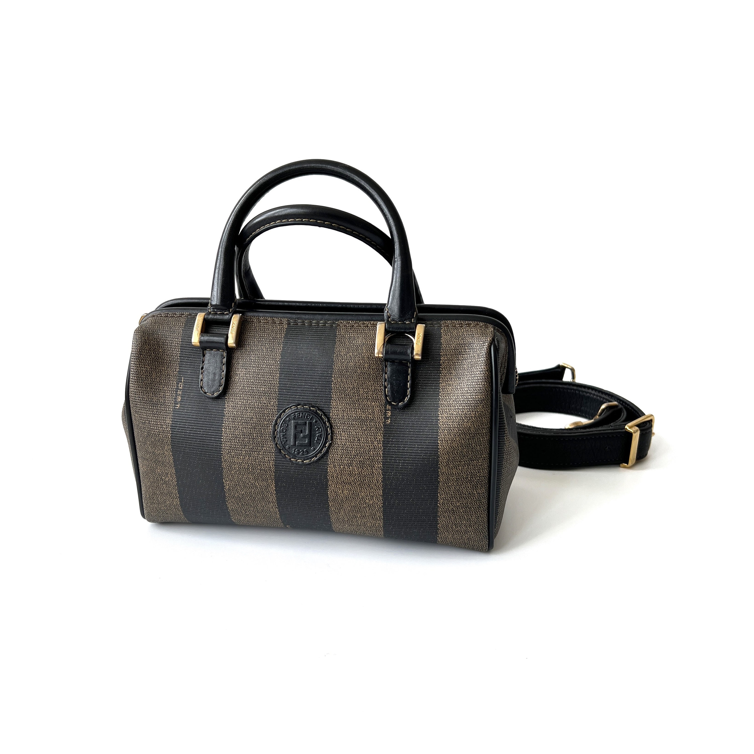 Fendi Brown Striped Pequin Canvas Vintage Boston Bag Fendi