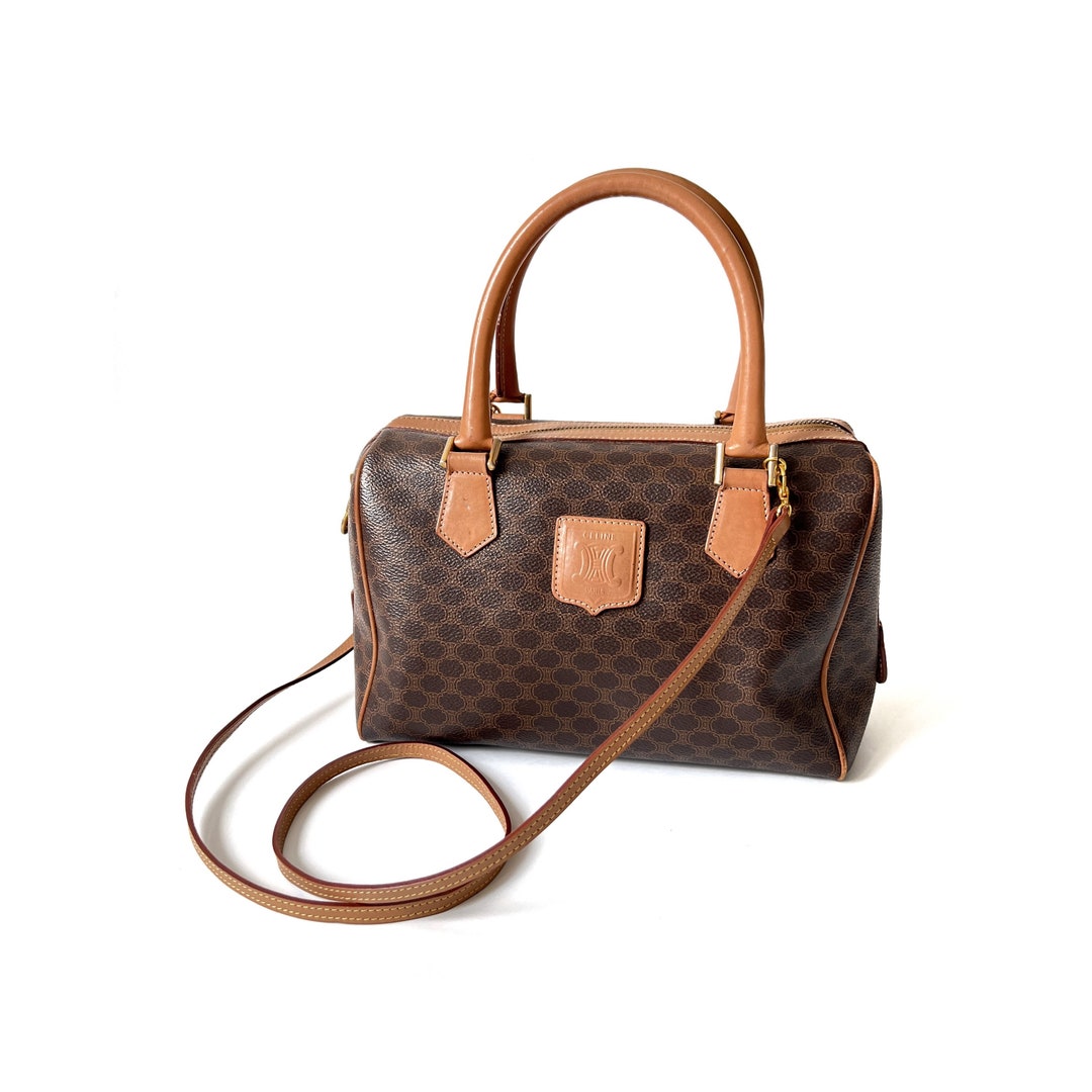 CELINE Macadam Handbag Boston Bag, Brown Coated Canvas & Leather