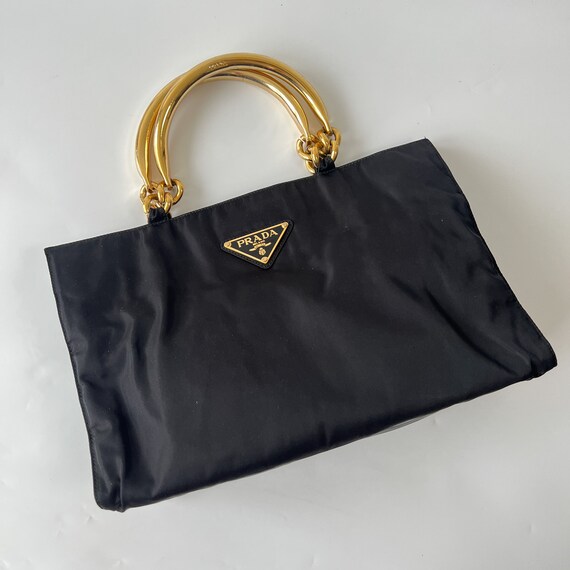 PRADA Authentic Black Nylon Metal Handle Tote Bag 