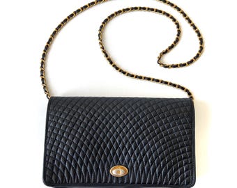 Authentic Vintage Bally Quilted Black Leather Flap Shoulder Bag – 90s Designer Purse