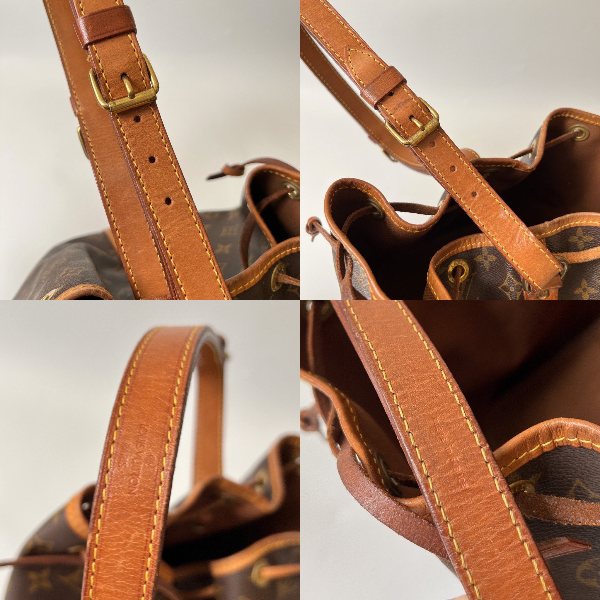 LOUIS VUITTON VINTAGE NOE MONOGRAM BUCKET BAG, leather trims and adjustable  shoulder strap, cord closure, brown fabric lining and brass tone hardware,  26cm x 34cm H x 18cm.