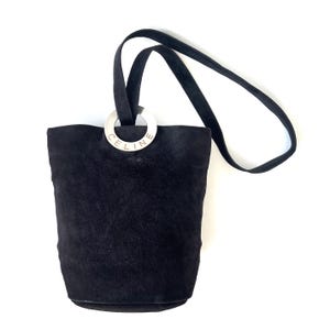CELINE Authentic Vintage Ring Logo Black Suede Bucket Bag