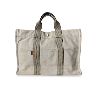 HERMES Authentic Herline Bag Gray Canvas Tout Tote Bag