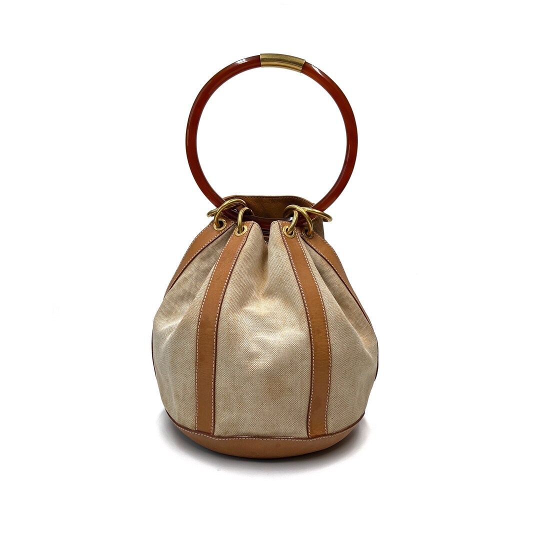 レアヴィンテージGUCCI ハンドバッグ リング キャンバス レザーグッチ GUCCI 本物ヴィンテージキャンバスアクリルリングハンドルバッグ