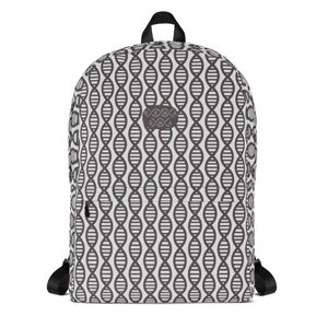 May include: A white backpack with a black DNA pattern and a small black logo that says "DNA" in the center.