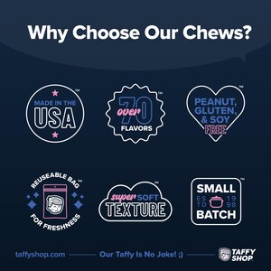 K&ouml;nnte beinhalten: Eine Grafik mit dem Text "Why Choose Our Chews?" und mehreren Logos. Die Logos sind f&uuml;r ein Unternehmen, das S&uuml;&szlig;waren herstellt. Die Logos heben das Engagement des Unternehmens f&uuml;r Qualit&auml;t, Vielfalt und Inklusion hervor. Die Logos beinhalten: "Made in the USA", "&Uuml;ber 70 Geschmacksrichtungen", "Erdnuss-, Gluten- und Sojafrei", "Wiederverwendbarer Beutel f&uuml;r Frische", "Superweiche Textur" und "Kleine Charge".