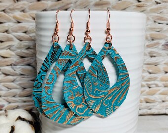 Cute Leather Earrings | Leather Earrings | Leather Earrings Teardrop | Teal Leather Earrings | Western Earrings | Embossed Leather