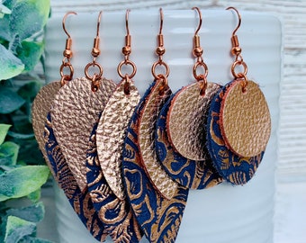 Rose gold Leather Earrings | Leather Earrings | Leather Earrings Teardrop | Navy Leather Earrings | Western Earrings | Embossed Leather