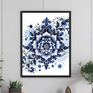 Floral Wall Art Print, Chinoiserie Style Poster, Blue and White Botanical Print