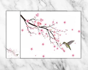 Cherry Blossom & Hummingbird Notecards - set of 10 blank cards with matching envelopes
