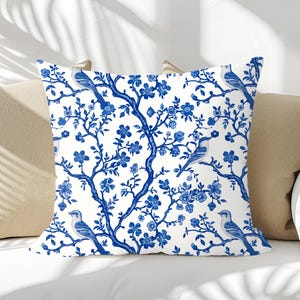Elegant Chinoiserie Floral Bird Print Pillow, Decorative Throw Pillow for Home, Blue and White Floral Pillow, Modern Farmhouse