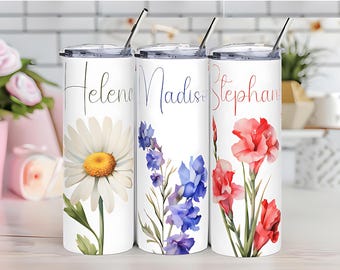 Personalized Birth Month Flower Tumbler, 20oz Stainless Steel Drinkware, Custom Name Travel Mug, Gift for Mom, Gift for Her