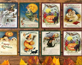 May include: A collection of ten vintage Halloween postcards featuring illustrations of witches, owls, cats, pumpkins, and children. The postcards have a variety of colors, including red, green, blue, and yellow. The text on the postcards includes greetings, poems, and rhymes.