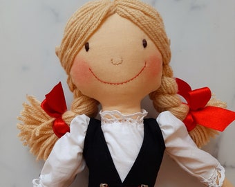 Handmade Liloudesign Kölner Puppe Barbälchen mit weiße Schürze und Zöpfen Kinder Geschenk
