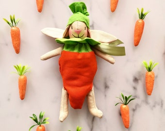 Cuddly toy baby handmade bunny with carrots costume size. 20 cm Bunny Doll for Easter Handmade Gift
