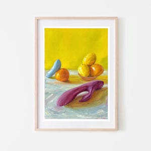 May include: A still life painting of a purple toy, lemons, and oranges on a white surface with a yellow background.