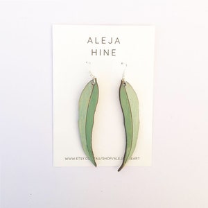 Gum leaf earrings, leaf earrings, hand painted earrings, eucalyptus earrings, green earrings, wooden earrings, laser cut earrings