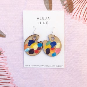 Art pallete earrings, hand painted wooden palette earrings. Oil paint, sterling silver hooks