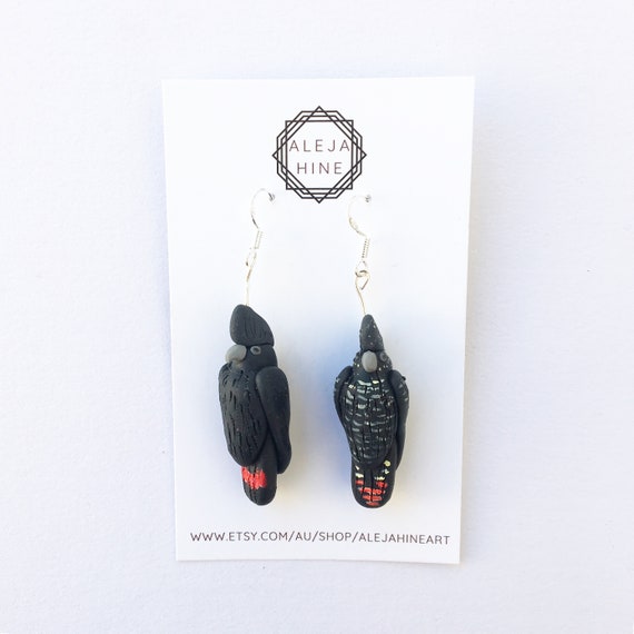 Black Cockatoo earrings red tail black cockatoo bird earrings polymer clay earrings sterling silver hook handmade Australian birds