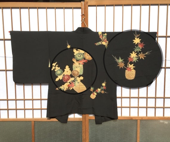 Black haori with maple leaves and chrysanthemum fl
