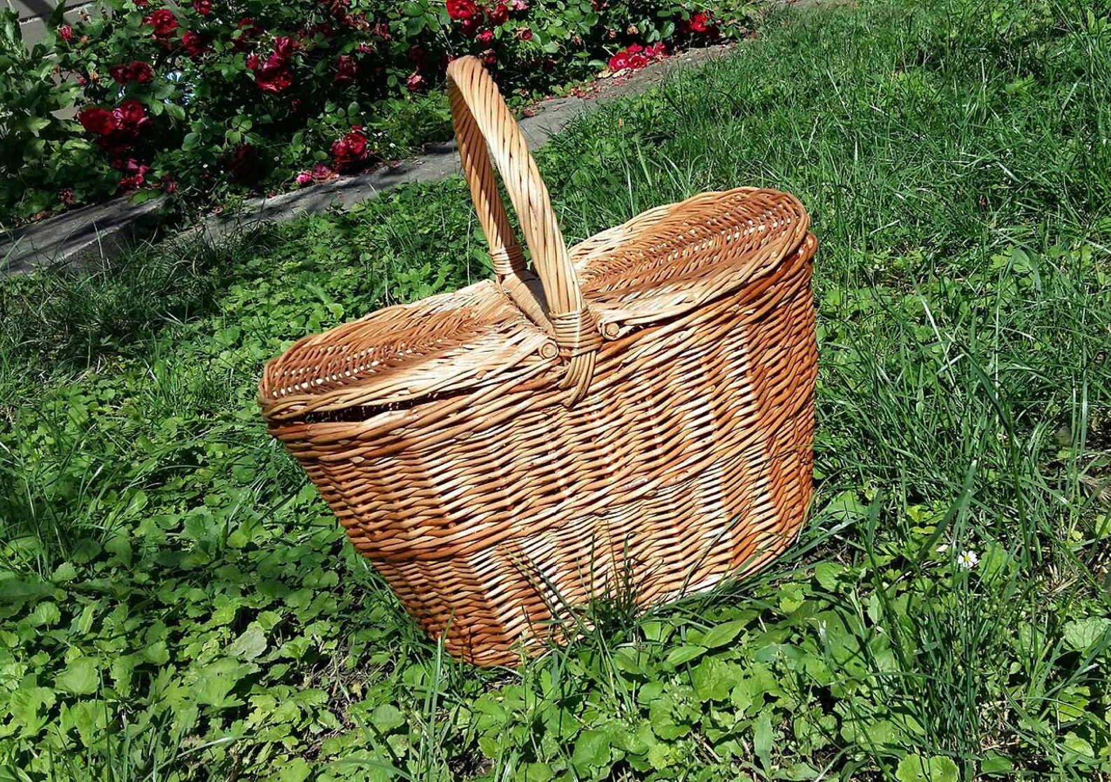 Picnic Basket Wicker Basket With Lid and Handle Etsy