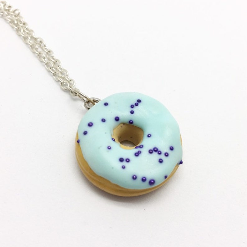 Pastel blue fimo donut paste necklace with dark blue microbeads image 3