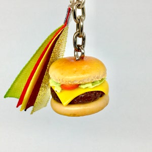 Realistic cheeseburger fimo key ring with satin ribbon