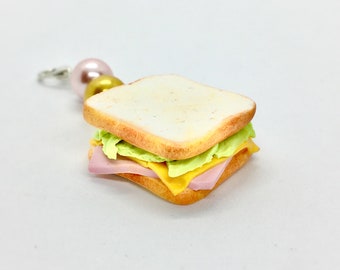 Pendant / charm in fimo paste sandwich ham / cheese / salad realistic with pearls pearly pearls