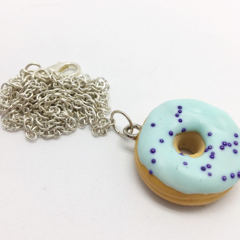 Pastel blue fimo donut paste necklace with dark blue microbeads image 2