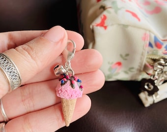 Mini Strawberry Ice-cream in Waffle Cone Bag Charm, polymer clay charm, miniature food charm, planner charm, miniature ice-cream charm