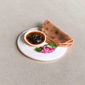 Indian Food Miniature Fridge Magnet, Dollhouse food, Miniature Kosha Mangsho and Paratha, 1:12 Scale