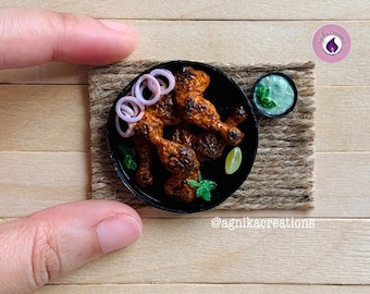 Handmade Dollhouse Food/Fridge Magnet - Miniature Tandoori Chicken with Mint Chutney