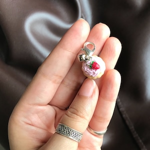 Mini Strawberry Cupcake Bag Charm, polymer clay charm, miniature food charm, planner charm, miniature strawberry cupcake charm