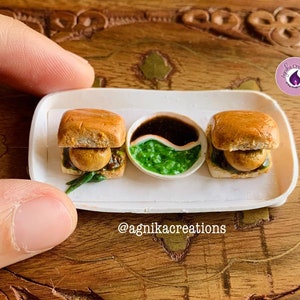 Indian Handmade Food Fridge Magnet, Dollhouse Food, Miniature Vada Pav with Tamarind and Coriander Mint Chutneys, 1:12 Scale