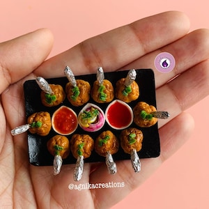 Handmade Dollhouse Food/Fridge Magnet - Miniature Chicken Lollipops with Szechuan Sauce, Onion and Lemon Slices & Ketchup