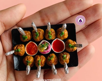 Handmade Dollhouse Food/Fridge Magnet - Miniature Chicken Lollipops with Szechuan Sauce, Onion and Lemon Slices & Ketchup