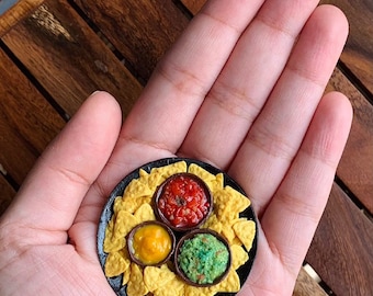 Handmade Dollhouse Food/Fridge Magnet - Mexican Nachos Tortilla Chips with Guacamole, Salsa and Cheese Dip