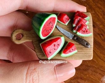 Handmade Dollhouse Food/Fridge Magnet - Miniature Picnic Watermelon on Cutting Board