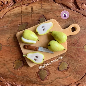 Handmade Dollhouse Food/Fridge Magnet - Miniature Pears on Cutting Board