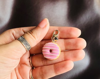 Mini Strawberry Donut Bag Charm, polymer clay charm, miniature food charm, planner charm, miniature donut charm