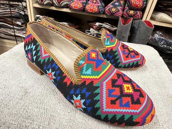 Colorful Geometric Patterned Loafers Fabric Laofers - Multicolored WS U 68083 - 57 Marron - Etsy main image 2