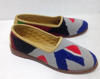 Handmade Bohemian Vintage Kilim Shoes , Carpet Shoes , Unique Shoes , Ethnic Wool Shoes , Embroidery Shoes , Gift , Size: US-9  EU-39