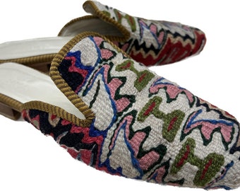 Handmade Us-9 Eu 41 Kilim Slippers, Unique Mules , Handmade Shoes, Genuine Leather Sole, Gift Shoes,  Natural Sipppers for man