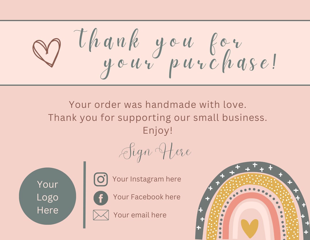 Business Thank You Card Thank Card for Small Businesses Pink Boho Thank ...