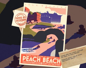 Arte em estilo vintage inspirada em Peach Beach, inspirada em Mario Kart - Impressão de pôster