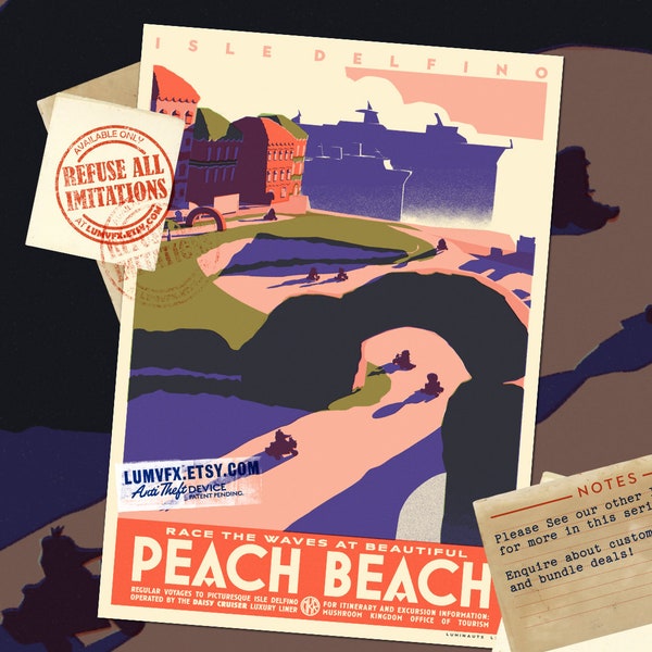 Opera d'arte in stile vintage ispirata a Mario Kart Peach Beach - Stampa poster