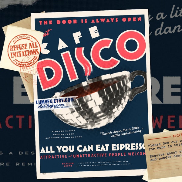 The Office Cafe Disco Poster Print- Vintage Style Advertising Poster geïnspireerd door The Office ingelijst