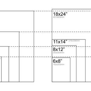 May include: A diagram showing the different sizes of paper, including A2, A3, A4, A5, and A6, as well as 18x24 inches, 11x14 inches, 8x12 inches, and 6x8 inches. The measurements are given in both inches and millimeters.