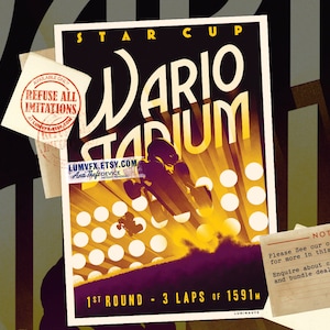 Mario Kart Inspired Wario Stadium Vintage Style Artwork - Poster Print